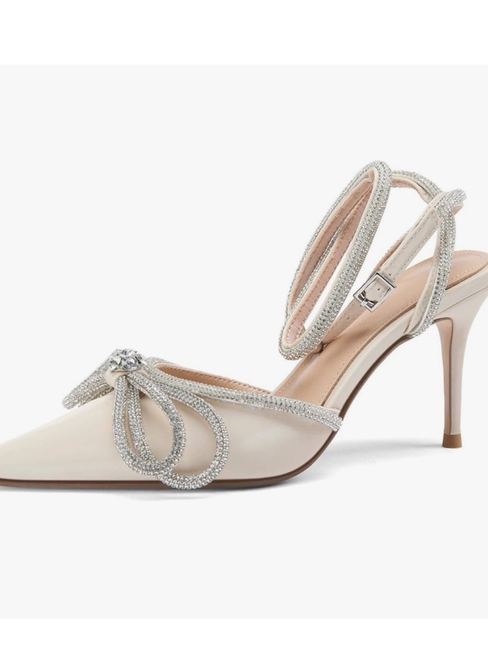 Amazon Ivory Pointed-Toe Slingback Heels with Rhinestone Bow